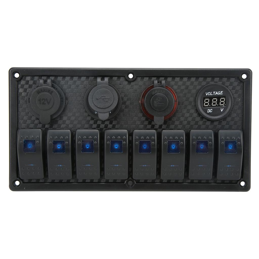 Car Boat Rocker Switch Panel Blue LED Light with Dual USB Voltmeter Cigarette Lighter 12‑24V for Yachts Ships Caravans