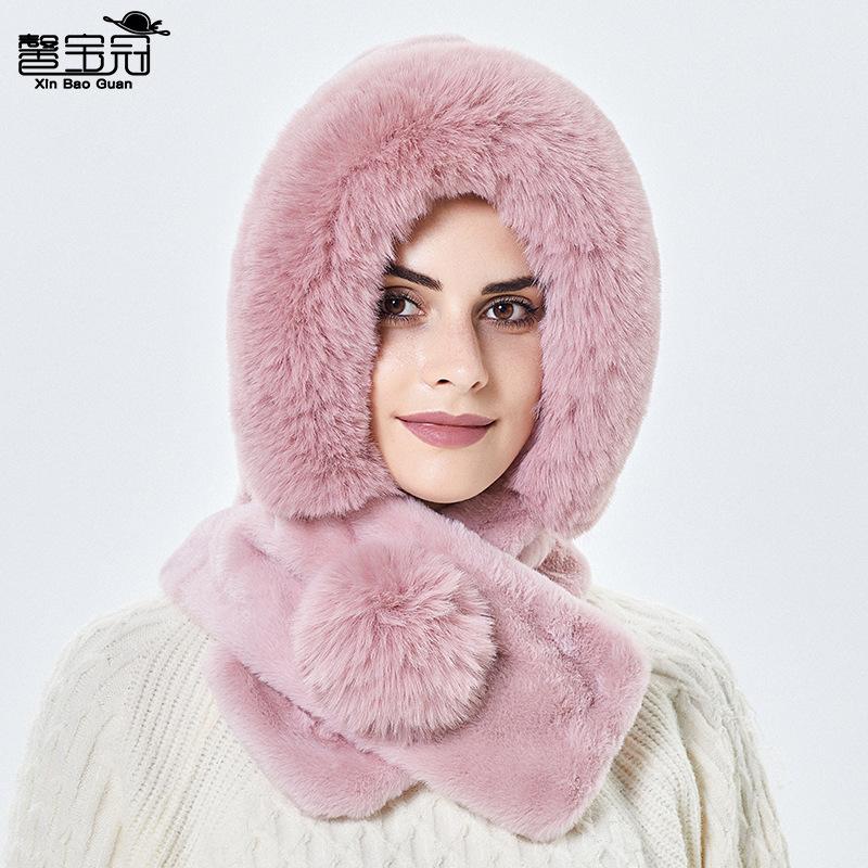 Women's Autumn and Winter Warm One Piece Plush Hat with Scarf Windproof Cycling Ear-protecting Hat with Neck Warmer