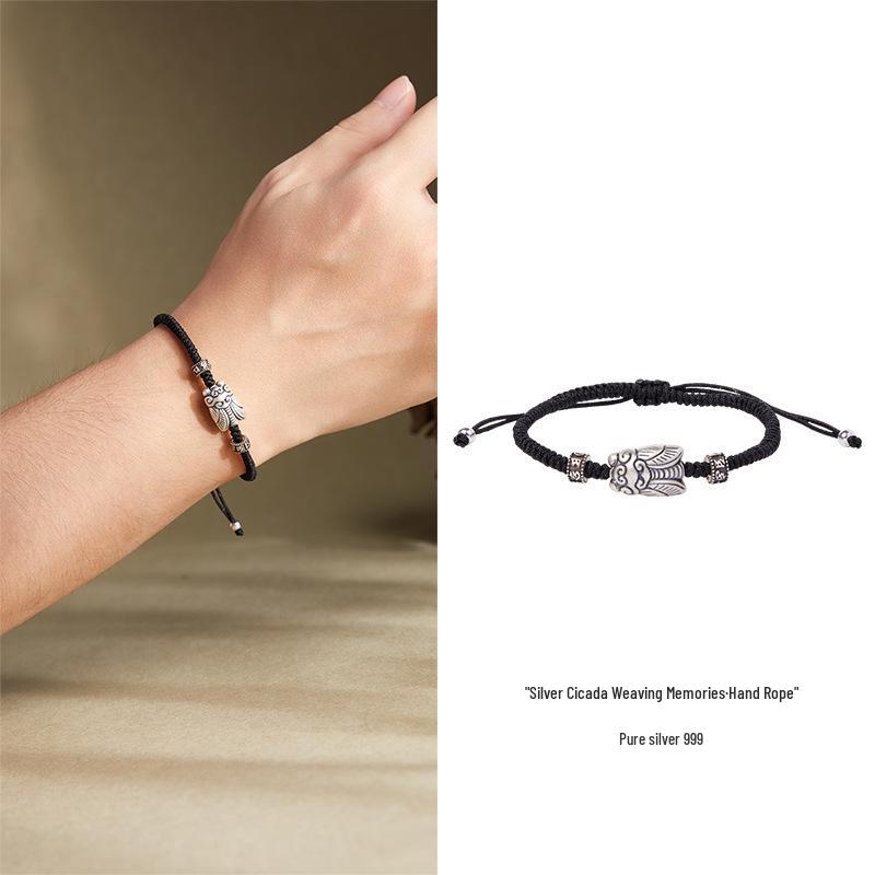 

Sterling Silver Cicada Men s Retro Bracelet - High-End Hand Rope Jewelry Gift for Boyfriend
