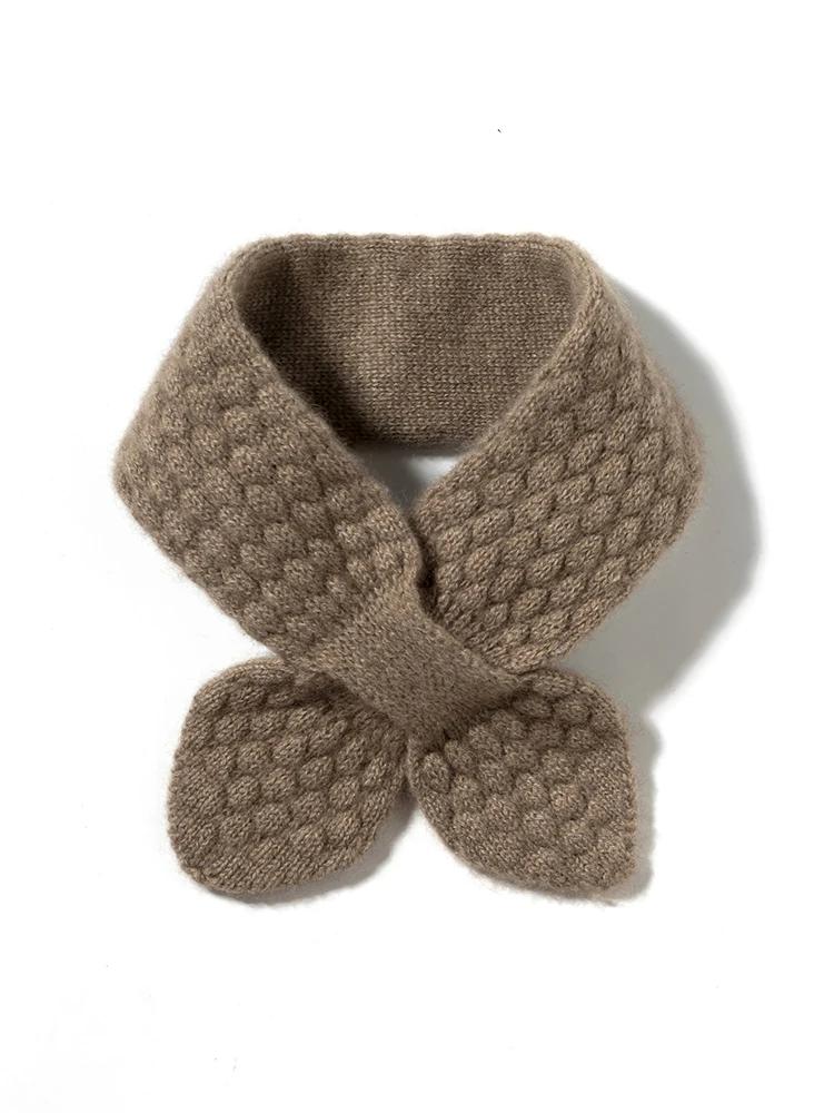 

Women 100% Pure Cashmere Knitted Small Bowknot Scarf Neckerchief Moss Stitch Soft Neck Warmer Ring Collar Female Boutique Acc