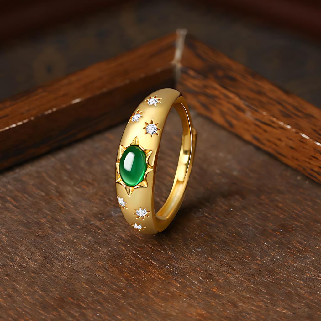 PANJBJ Anello Geometrico in Argento Sterling 925 con Giada di Hotan per Donna Ragazza Regolabile Gioielli Delicati Retrò Regalo di Compleanno Dropshipping