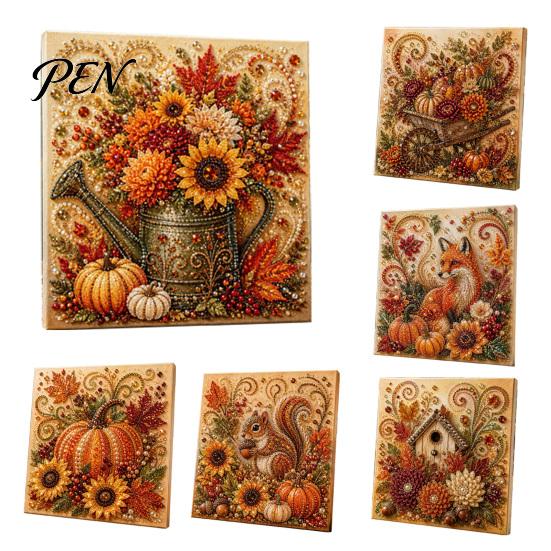 Festive Seasonal Craft Kits Autumn Faux Pearl Painting Kit, Fall Theme Art DIY Kit for Handmade Wall Decor Adults, Fox Pumpkin 3D Set Thanksgiving