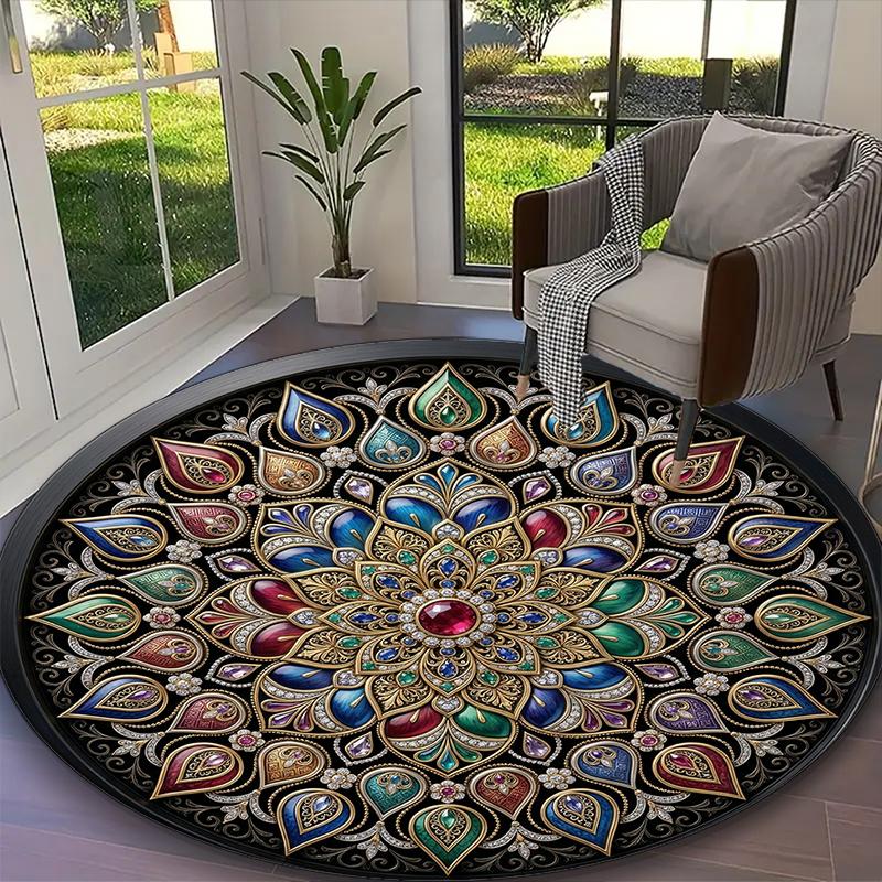 1pc Lush Floral Mandala Printed Chair Rug for Home Office Use, Living Room Kitchen Game Room Round Carpet