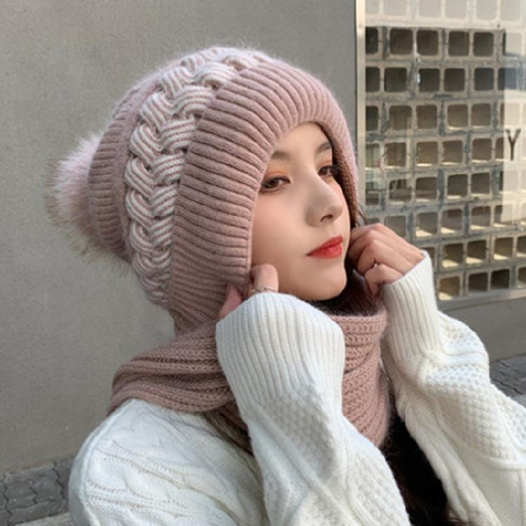 Women Korean Style Scarf Student Hat Integrated Earmuffs Cap Sleeve Plush Winter
