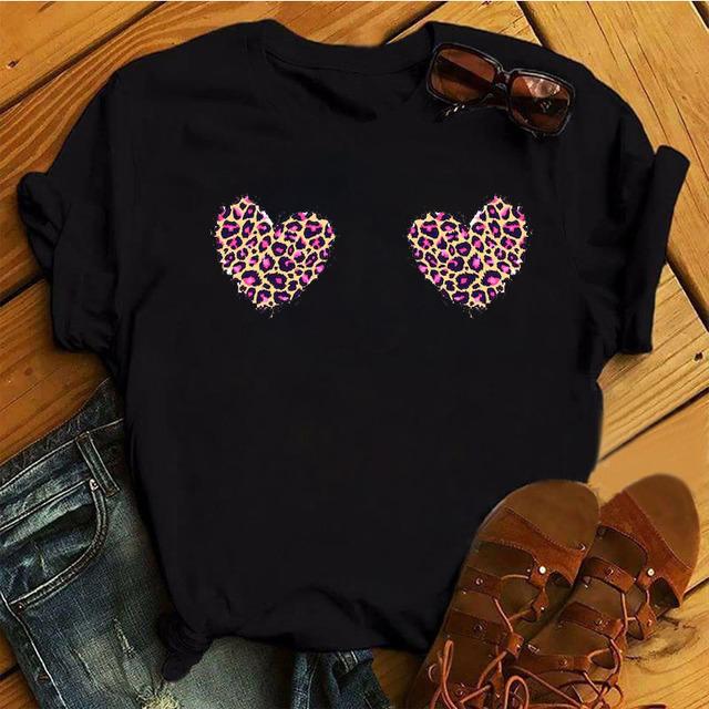 New Women Black T Shirt Feather Flower Love Heart Printed Tops Ladies Female Cute Graphic Tee Shirts Women O-Neck T-Shirts Tops