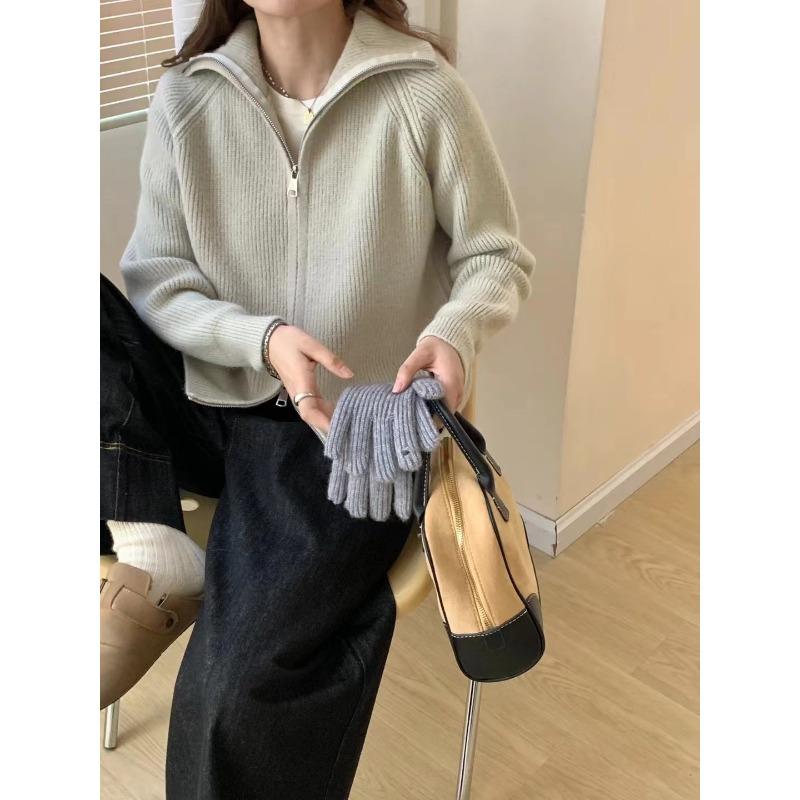 Soft Waxy Double Zipper Sweater Jacket Women's Autumn and Winter New Solid Color Lazy Wind Knitted Sweater Cardigan Women