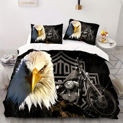 Neuartiges Retro-Bettbezug-Set mit Adler-Motorrad-Druck, weiches, bequemes Bettbezug-Set für Schlafzimmer, Gästezimmer + 2 Kissenbezüge