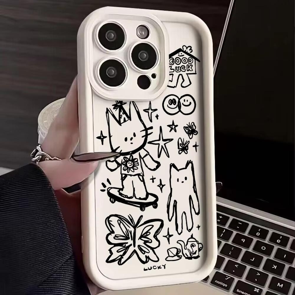 Phone Case For Iphone 17 Air 16 15plus 14 13 12 11 Pro Max Flexible Cute Black Cat Simple Protective Cover Unique Fashion Funda