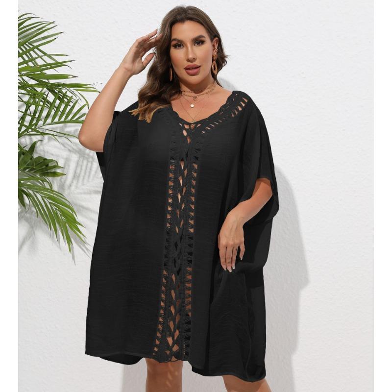 Women Plus Size Hand Crochet Floral Patchwork Cover Up Dress Loose Beach Bikini Cover Up Outerwear