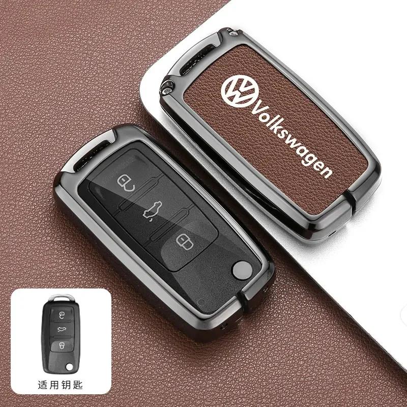 

2025 Hot Alloy Leather Car Key Case Cover Shell For Volkswagen VW Polo Golf Passat Tiguan Beetle Caddy T5 Up Eos Keychain Access