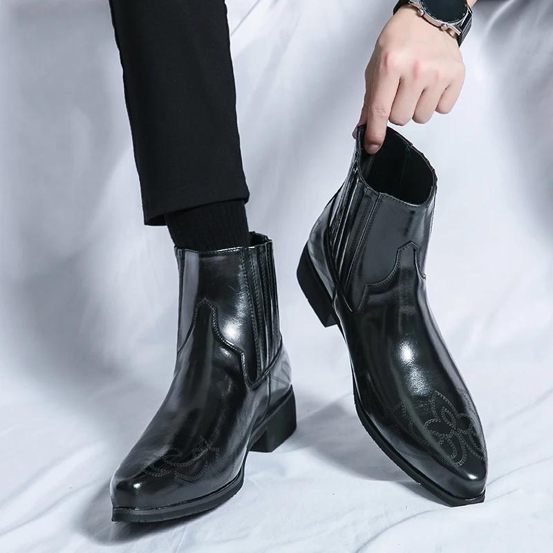 Mode Luxusmarke Retro Motorradstiefel Bestickt Niedriger Absatz Spitz Modisch Braun Stiefelette Business Formell Kleidung High Top Schuhe