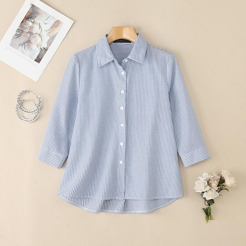 ZANZEA Damen Umlegekragen Locker Lässig 3/4 Ärmel Gestreifte Bluse