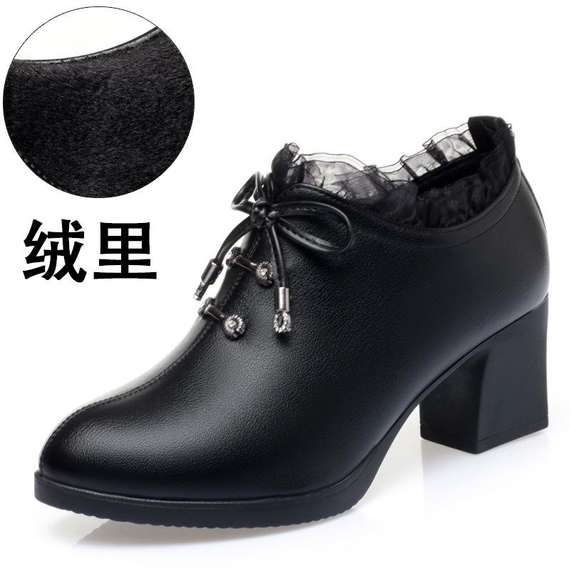 Women Spring Autumn New Fashion Lace Soft Leather Platform Pumps Korean Style Casual Waterproof Pointed Toe Single Shoes