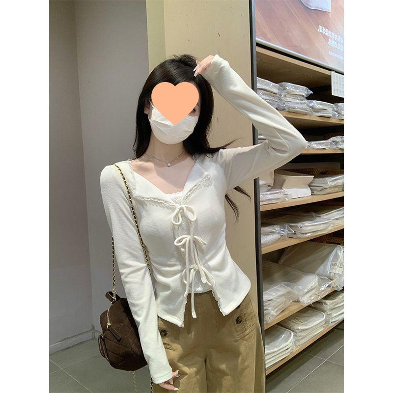 Miu Style Slim Lace-Up V-Neck Two-Piece Cinched Waist Long Sleeve Top