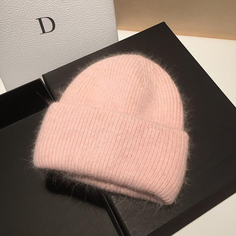 Soft Sticky Rabbit Fur Knitted Woolen Hat for Women In Winter Solid Color Warm Cover Head Showing Small Face Hats & Caps (women’s)
