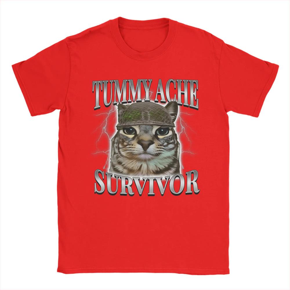 Tummy Ache Survivor Cat Meme Funny Saying Cats Animals T Shirts Summer Cotton TShirts for Men Women Trending Casual Tee Shirt