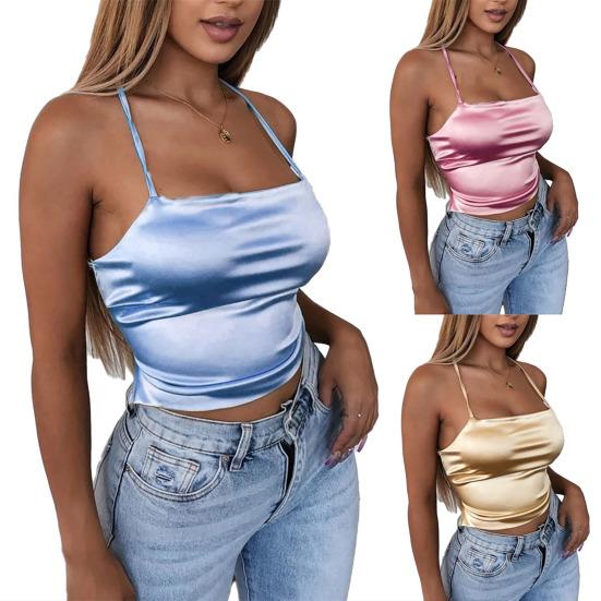 Camisola Encantadora Elegante Color Sólido Mujer Top Corto con Tiras para Uso Diario Fiesta Vacaciones