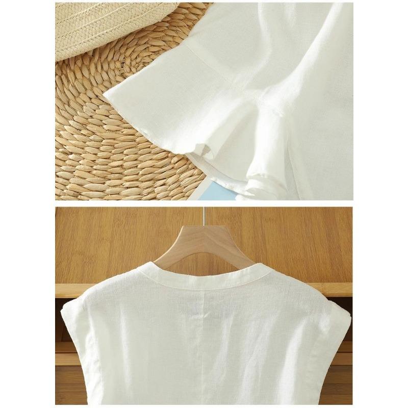 Women Yellow Linen Blend Sleeveless Blouse With Ruffle Hem And Button Down Casual Summer Top