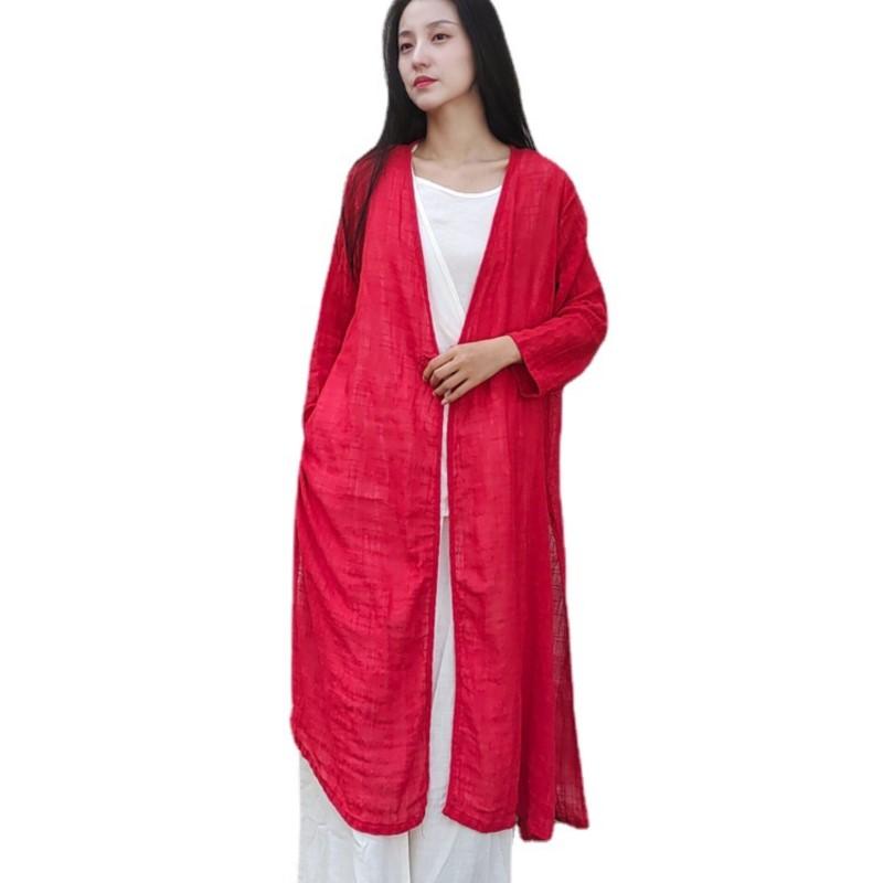 

Johnature: весна-лето, женское модное винтажное однотонное повседневное длинное пальто, хлопковое пальто с длинным рукавом и v-образным вырезом One Size красный