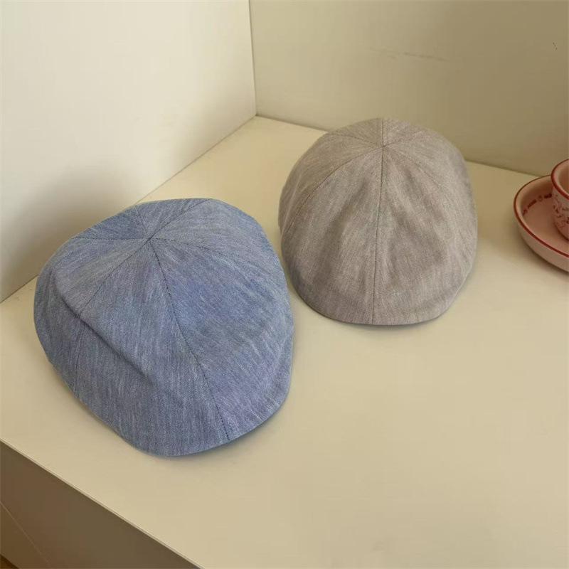 Retro linen gray forward hat women's summer casual versatile fashion cap showing face small literary beret