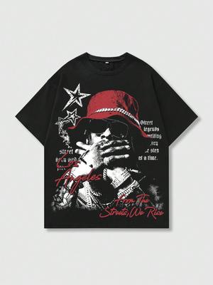 ROMWE MEN Street Life Men Women Printed Short Sleeve Cotton T-Shirt Suitable For Spring And Summer Rerto Y2K Casual Streetwear