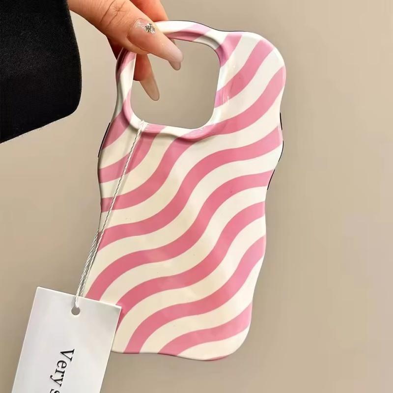 

Роскошный глянцевый чехол для телефона с волнистыми полосками для iPhone 13 14 15 16 Pro Max, защита камеры, противоударный, модный чехол для телефона с контрастными цветами iPhone 13 розовый