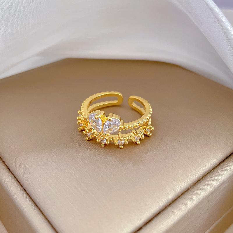 Real Gold Light Luxury Butterfly Zircon Ring Opening Adjustable Simple Jewelry Japanese Ring Couple Ring