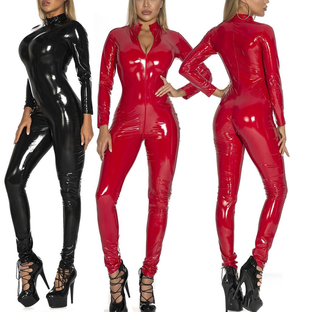 Dámské lesklé lakované body s dlouhým rukávem na zip Slim Fit Catsuit Clubwear