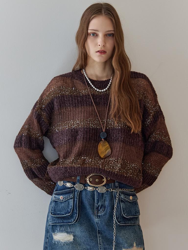 MAXZA Sequin Mix Stripe Loose Fit Boucle Knit
