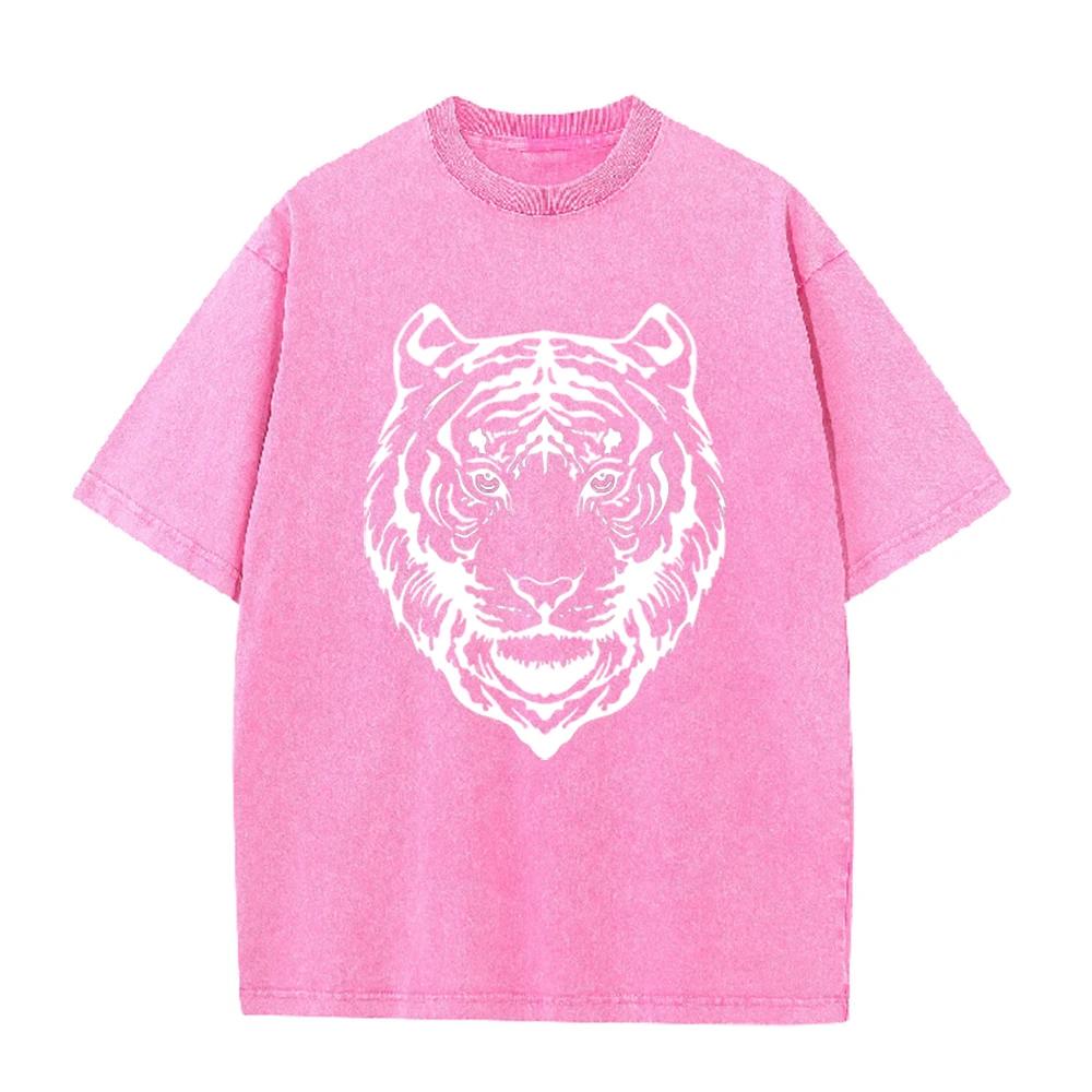 2026 Vintage Black White Tiger Head Line Art Graphic Black Acid Washed T Shirt Retro Wild Animal Oversized Unisex Casual Short S