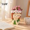Resin Craft Decoration Cute Girl Planter, Head Planter with Rose Garland, Plant Container Decorative for Succulents Cactus Indoor Desk Decor Pot