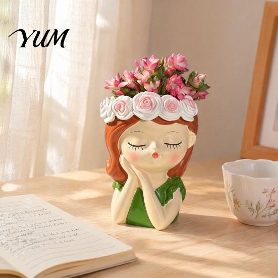 Resin Craft Decoration Cute Girl Planter, Head Planter with Rose Garland, Plant Container Decorative for Succulents Cactus Indoor Desk Decor Pot