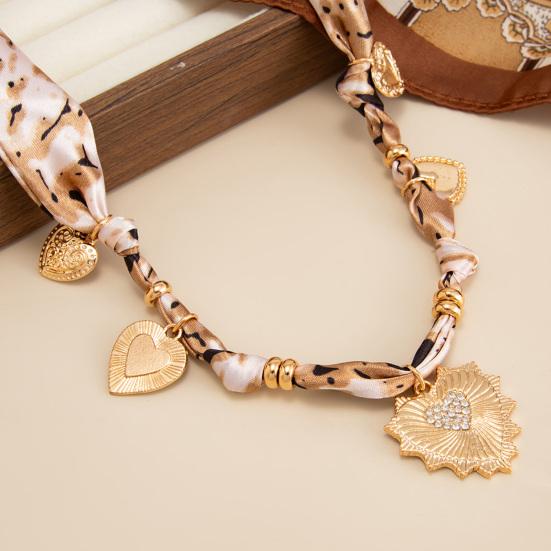 Silk Scarf Necklace, with Gold Chain And Sunflower Heart Pendant, Retro Style Alloy Charms Choker for Women