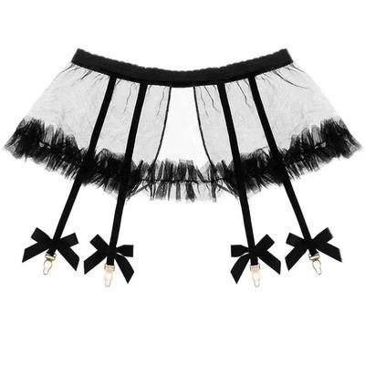 Lencería Sexy para Mujer Malla Negra Blanca Transparente Ligas con Tanga Cierre Trasero Ajustable Cinturón Portamedias