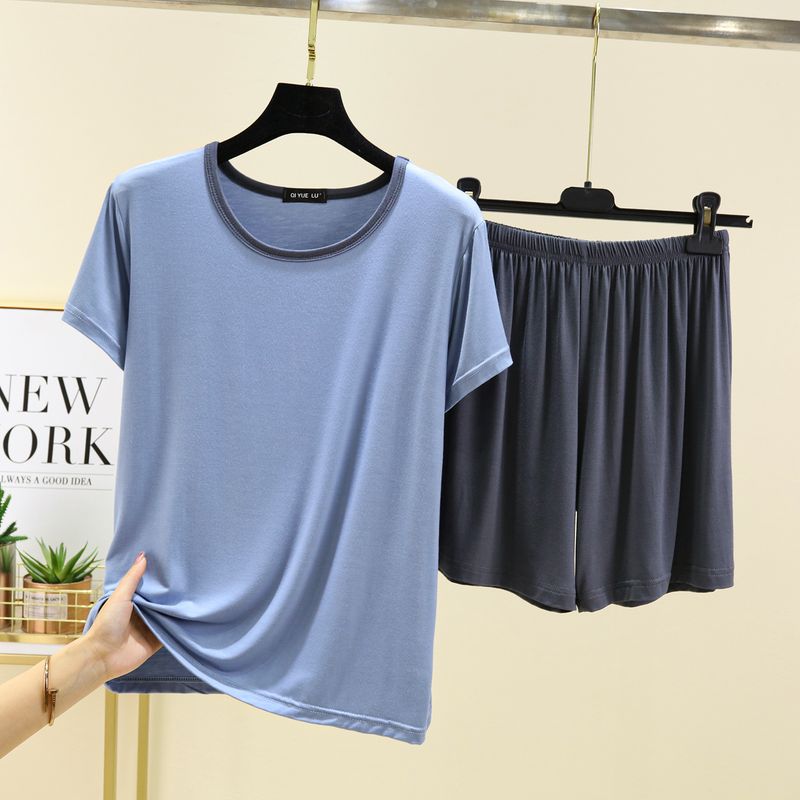 

Modal Pajamas Suit Women s Summer Loose round Neck Bottoming Shirt Inner Wear Casual Short Sleeve T-Shirt Shorts Two-piece Set Light blue 2XL (70.00 kg-85.00 kg recommended