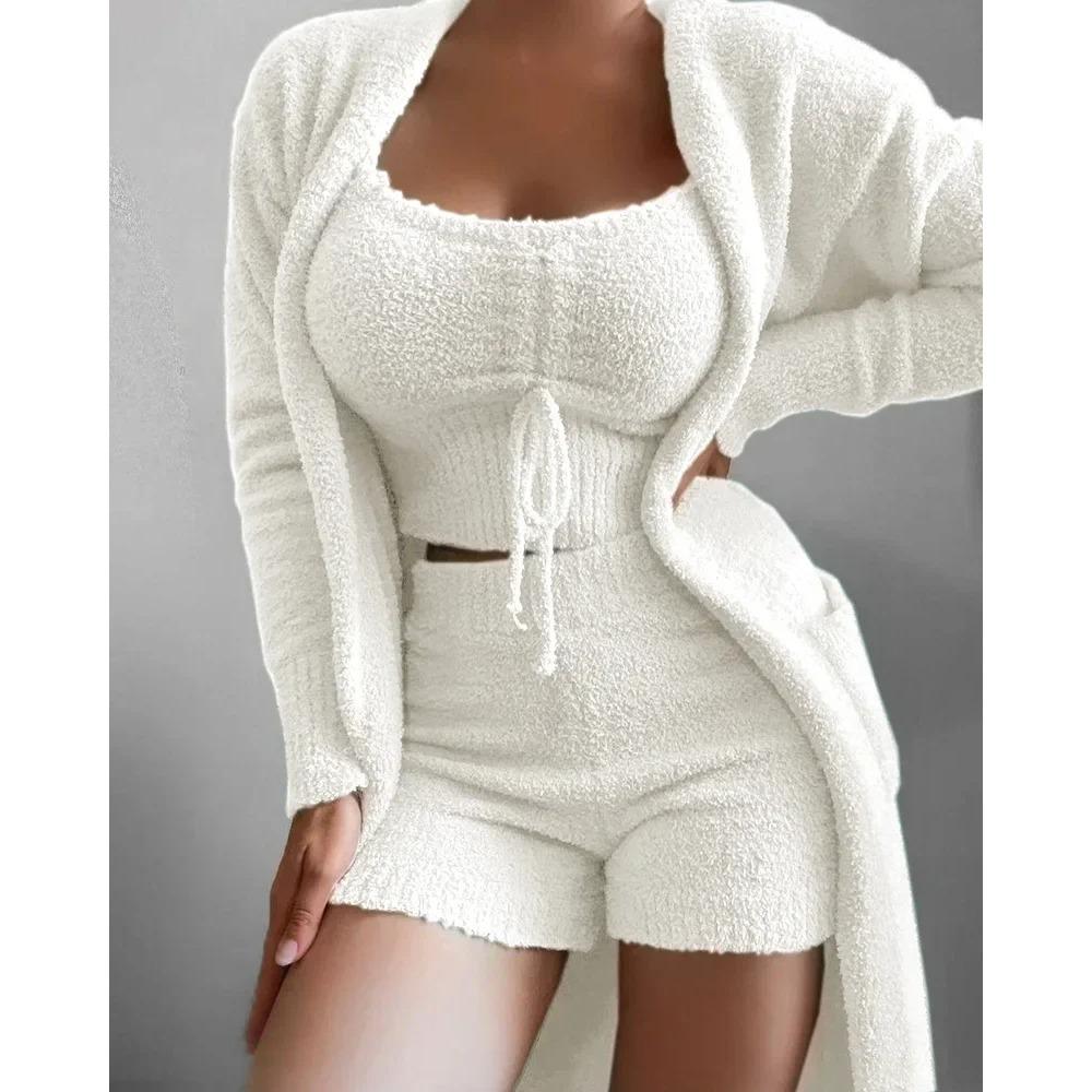 New Luxury Women's Plush Pajamas Set Crop Top+Long Pants+Coat 3 Pieces Suit Homewear Female Matching Sets Warm Pyjamas Pjs