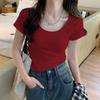 Burgundy Crew Neck Front Shoulder Short Sleeve T-Shirt Women's Summer New Korean Slim-fit Versatile Design Niche Top
