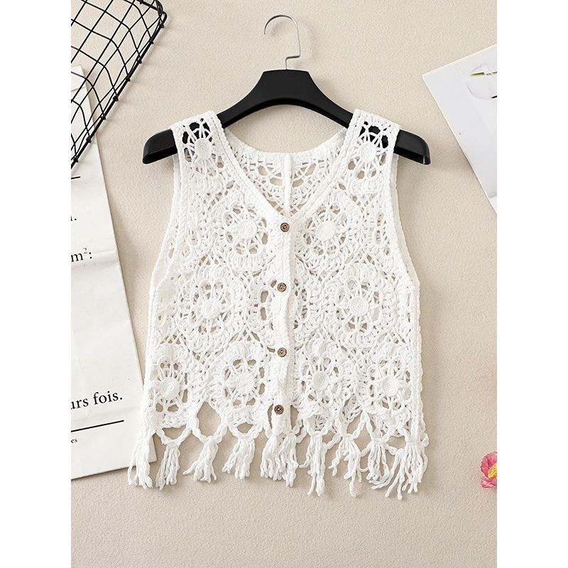 Korean Style Summer New V-neck Small Crochet Hollow Tassel Vest Knit Vest Waistcoat Short Cardigan Women