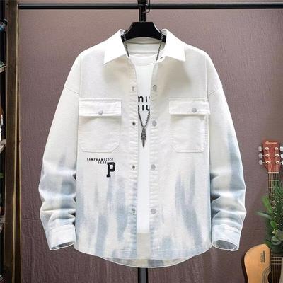 Men's White Gradient Denim Jacket Letter Print Casual Oversized Streetwear Coat