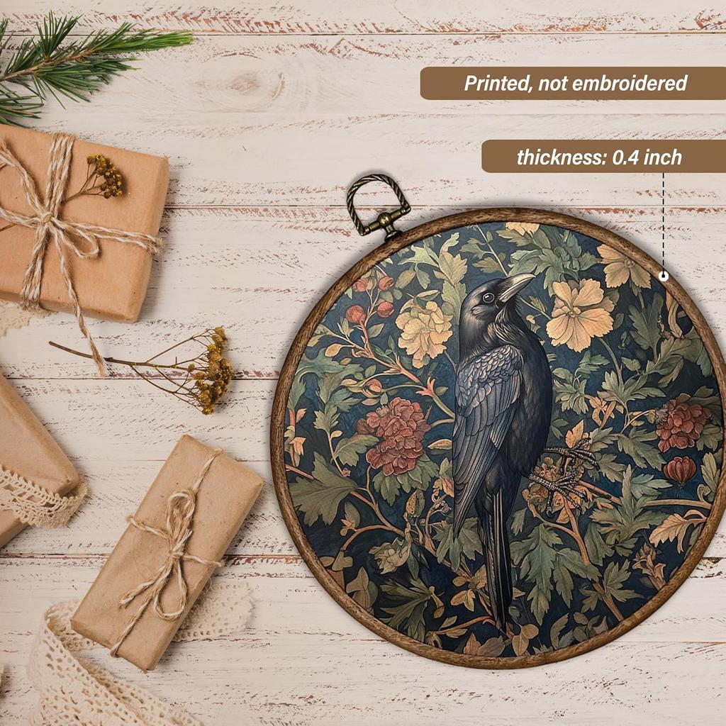 XBBMGG Vintage Moody Crow Wall Art Decor, Gothic Cottagecore William Morris Floral Round Wall Hanging Decor, Dark Academia Raven Framed Canvas Prints