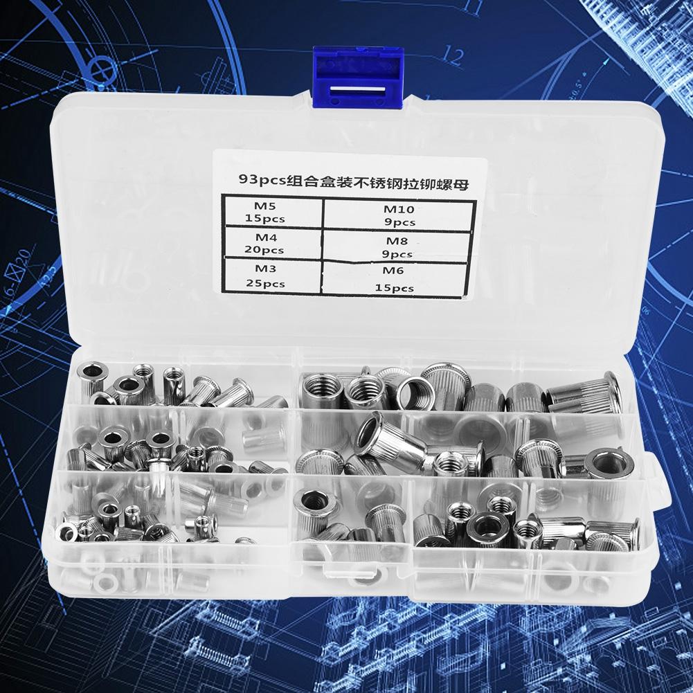 93pcs Threaded Insert 1 Box M3, M4, M5, M6, M8, M10 304 Stainless Steel Blind Rivet Nut Set