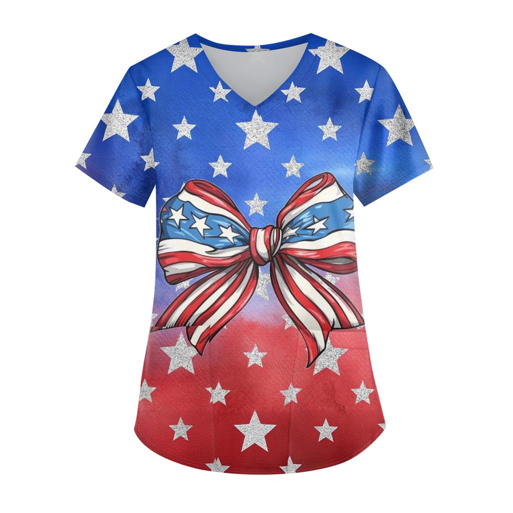 Ladies' Independence Day Printed Fashionable V-neck Pocket Short Sleeved Uniform and Caregiver Top