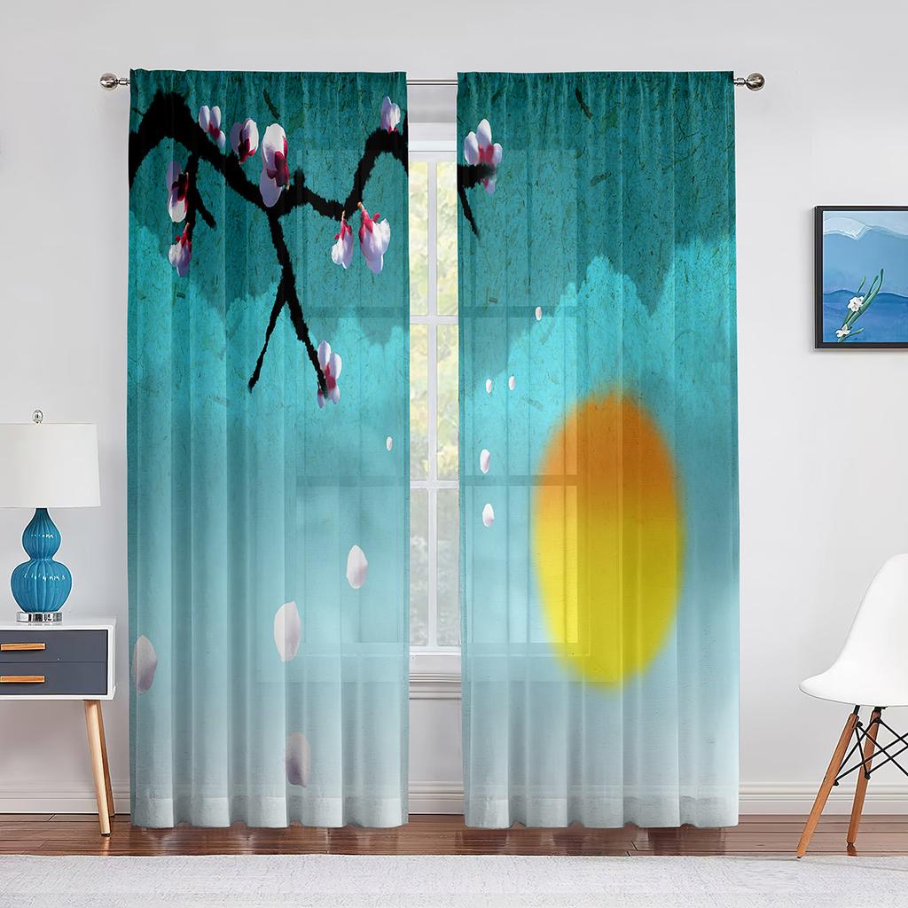 Birds On Branch Cherry Blossom Ink Painting Tulle Voile Curtains for Bedroom Window Curtain for Living Room Sheer Curtain Drapes
