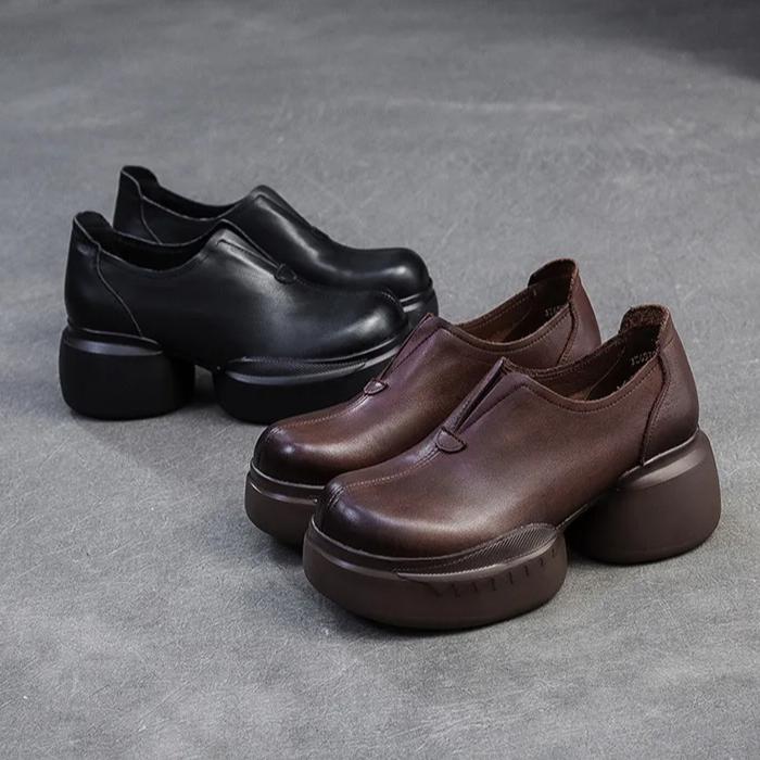 Johnature Retro Solid Color Thick Soled Pumps Genuine Leather Comfortable And Versatile Women's Slip-on Shoes