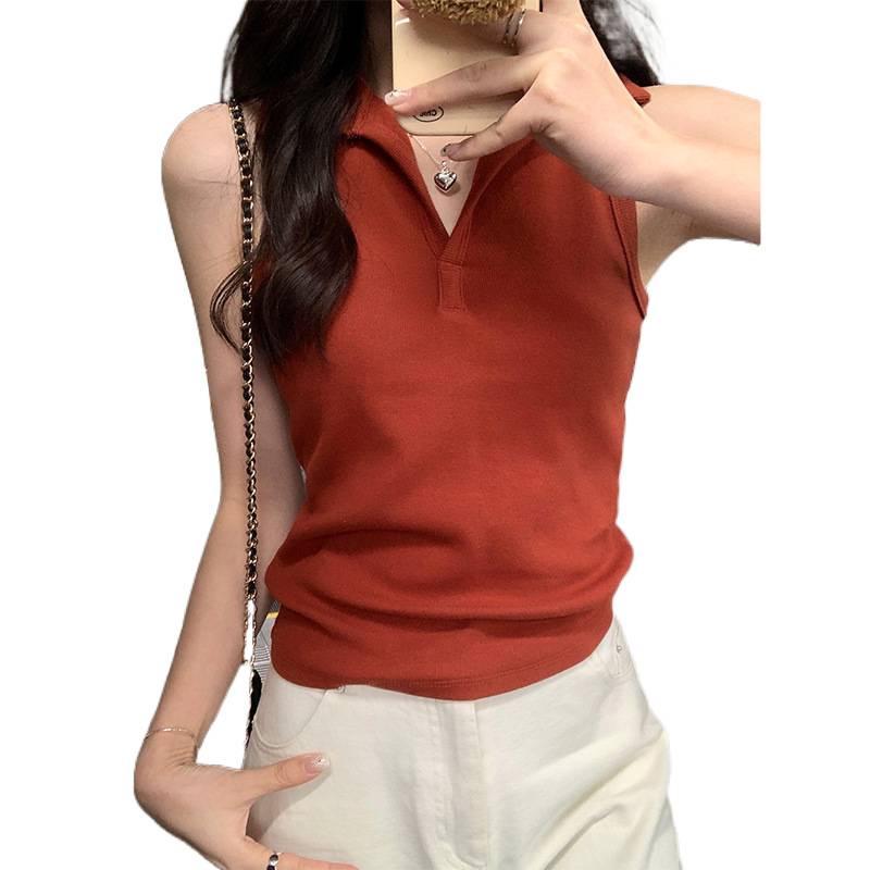Retro Hong Kong Style V-Neck Polo Vest - Women's Slim Sleeveless Summer Top