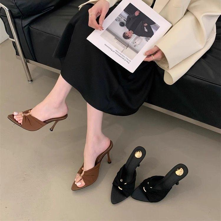 Folded fashion metal buckle pointed toe sandals sexy stiletto women's shoes 2025 summer new stiletto high heels