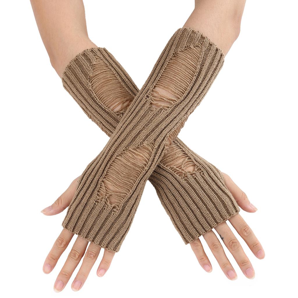 Perforated and Hollowed Out Woolen Gloves for Autumn and Winter Mid Length Fingerless  Warm and Fashionable Knitted Arm Covers for Women