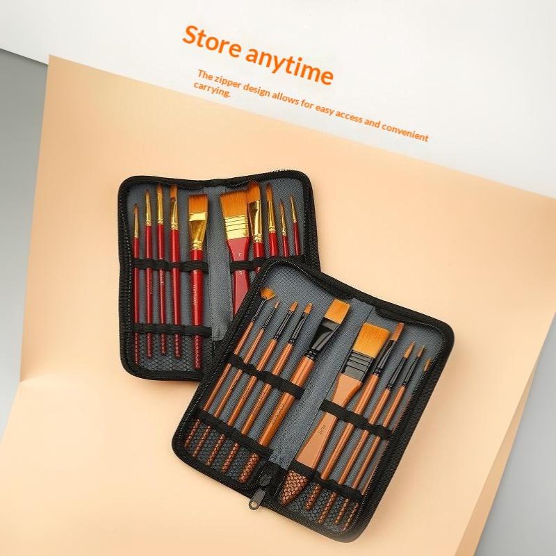 10 Pcs Orange Handle Nylon Bristle Watercolor Brush Set with Canvas Bag for Kids Adult DIY Handcraft Painting
