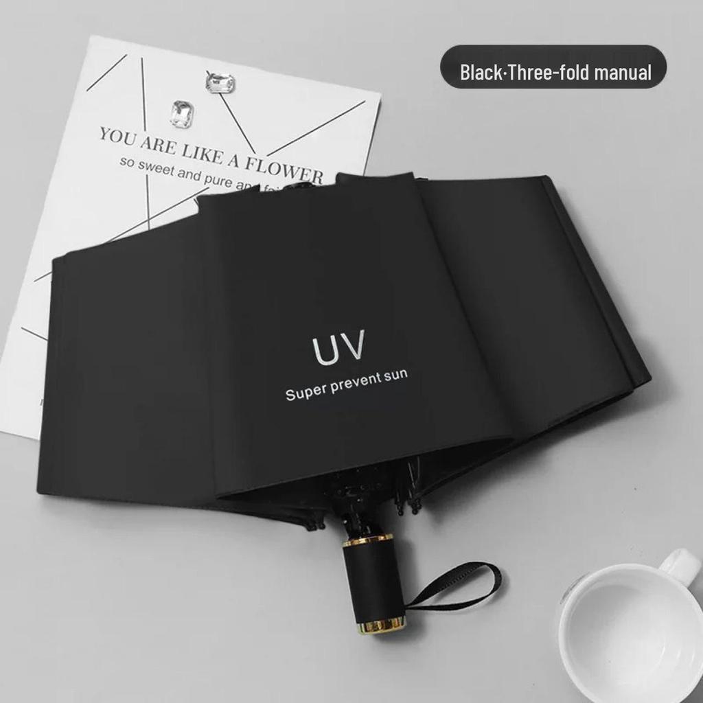 Automatic UV Three-Fold Umbrella - Black Glue Sun/Rain Protection with Printed Logo
