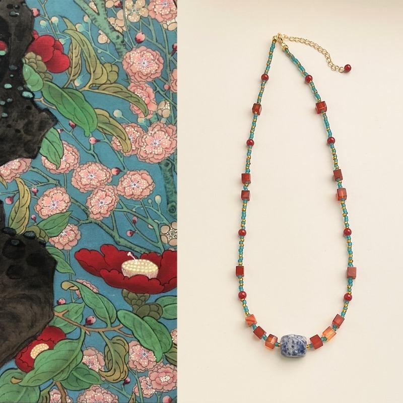 Handmade Natural Red Agate Contrast Color Necklace Vintage Artistic Oil Painting Choker for Women